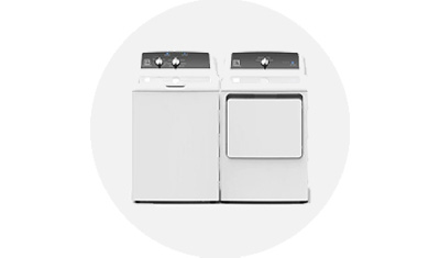 GE Appliances Commercial Laundry set product isolated on top of a light grey circle